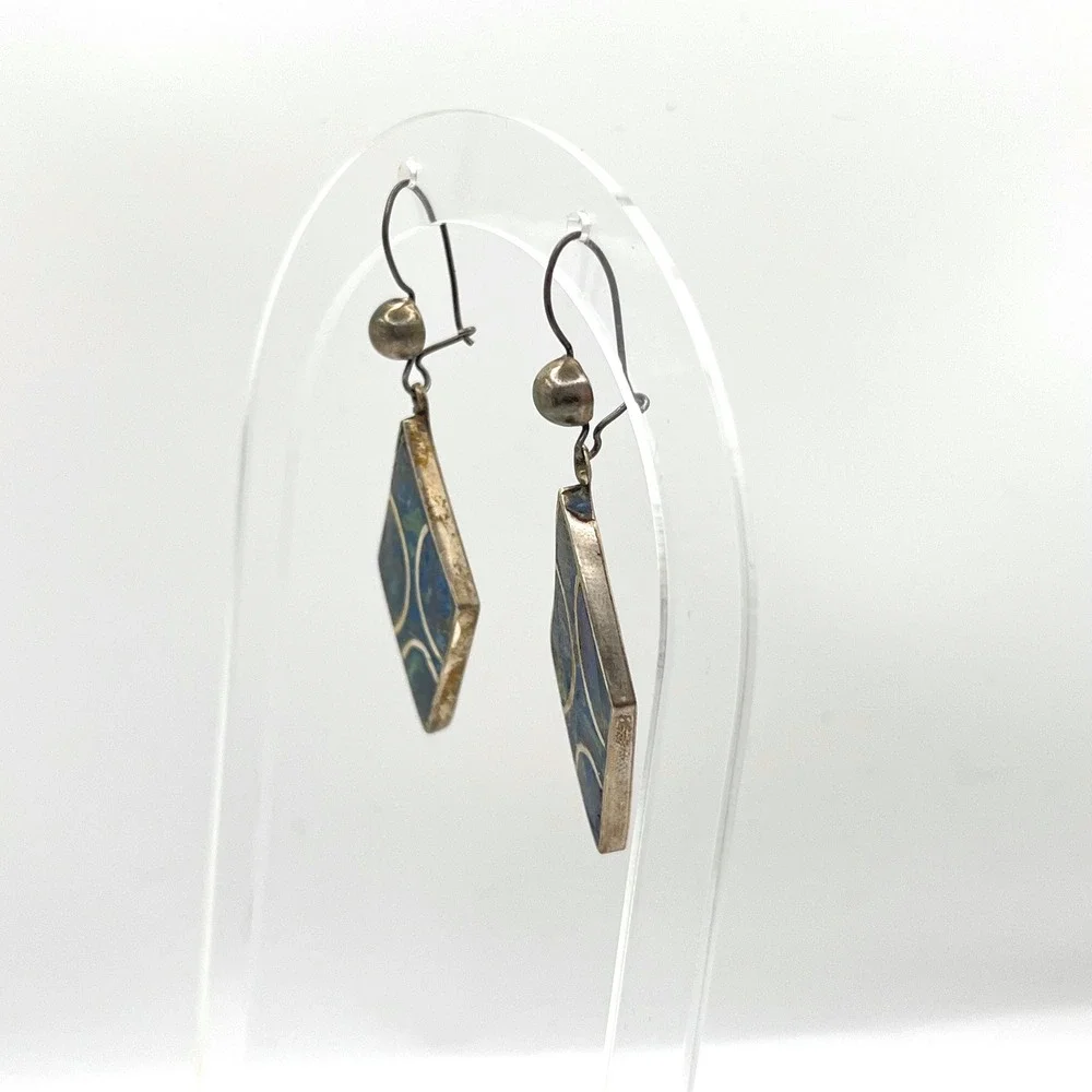 Vintage‎ Mexican Sterling Silver Azurite Malachite Inlay Diamond Drop Earrings